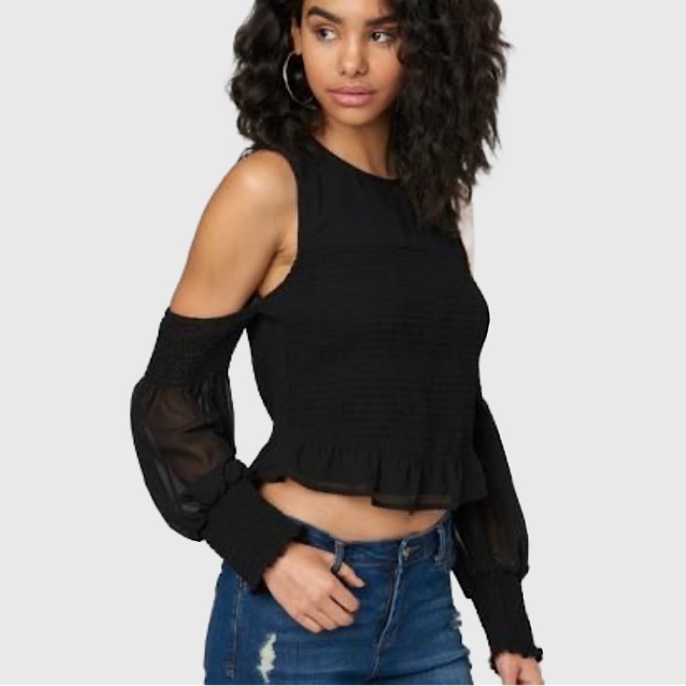 Bebe Vintage Smocked Cold Shoulder Long Sleeve Top